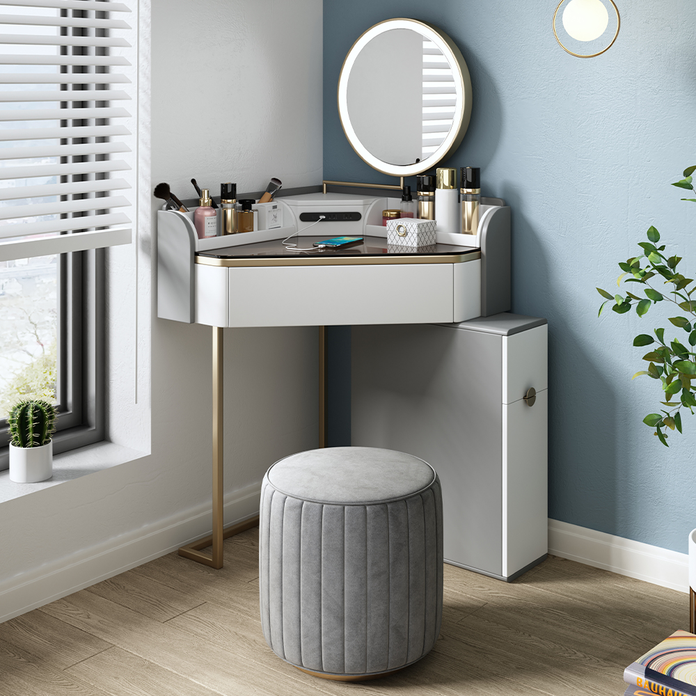 Gray and White Makeup Vanity Table