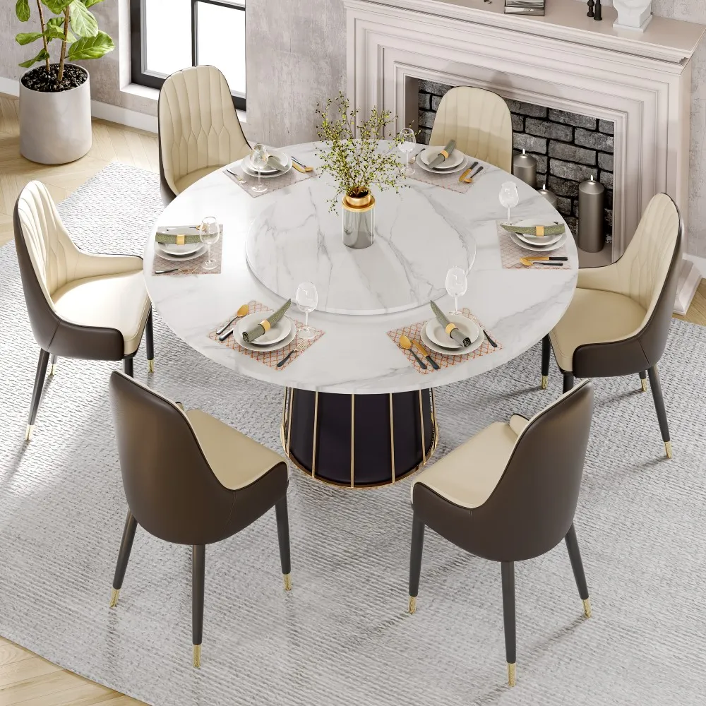 Modern Round Marble Dining Table with White Lazy Susan