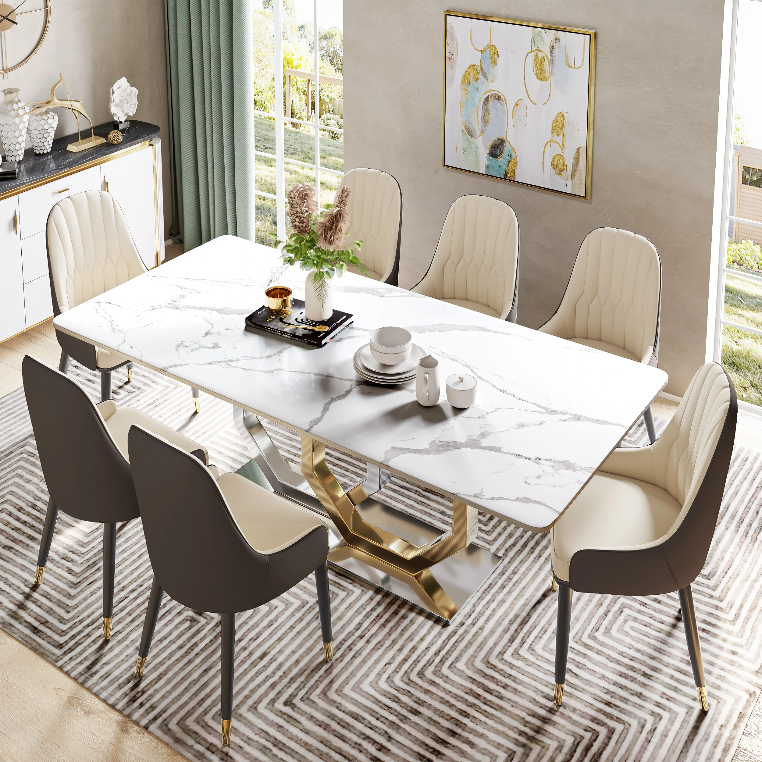 63"Jenpeg Modern White Faux Marble Dining Table For 4-6