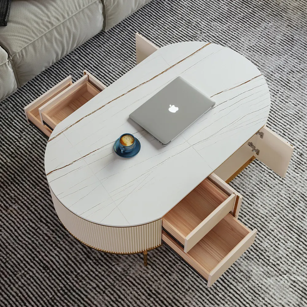 White Stone Ribbed Oval Coffee Table