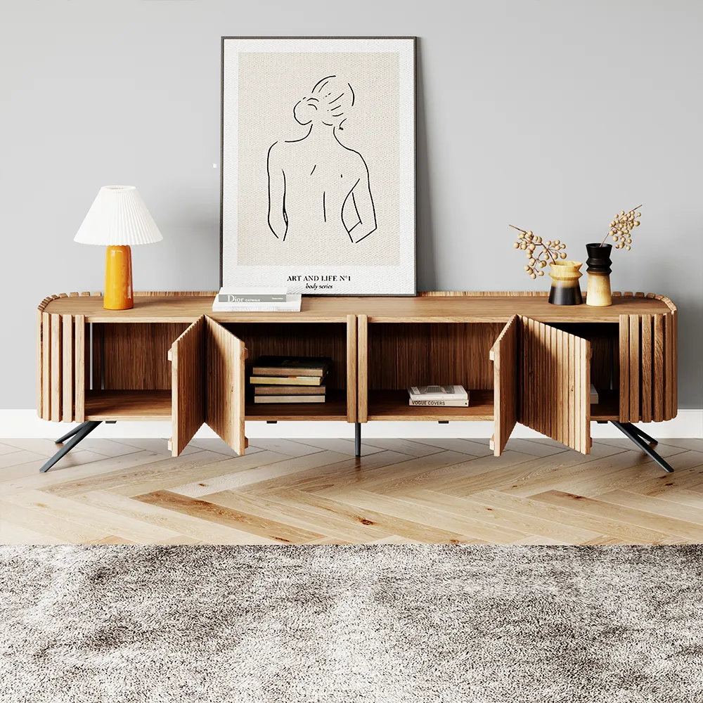 Wooden Walnut Slat Media Console