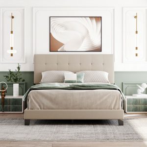 Beige Bed Frame with Tufted Headboard