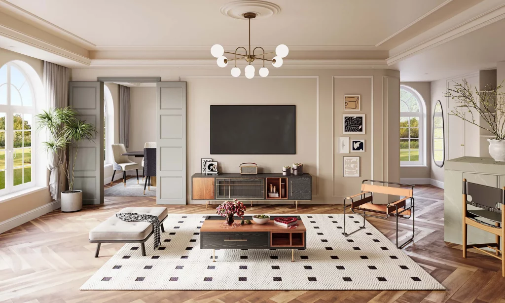 Feng Shui Living Room Layout with media console, a rectangular coffee table, accent chairs and other decorations