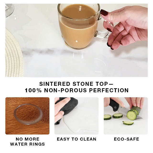 Demonstration of sintered stone tabletop showing non-porous surface, water ring resistance, easy cleaning, and eco-safe features