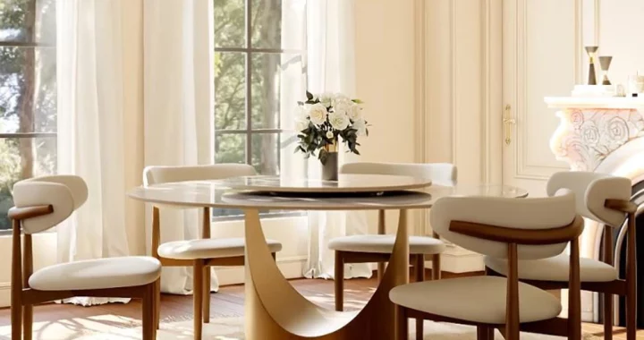 Modern dining room with sintered stone round table and curved back dining chairs in a sunlit space with large windows and neutral tones