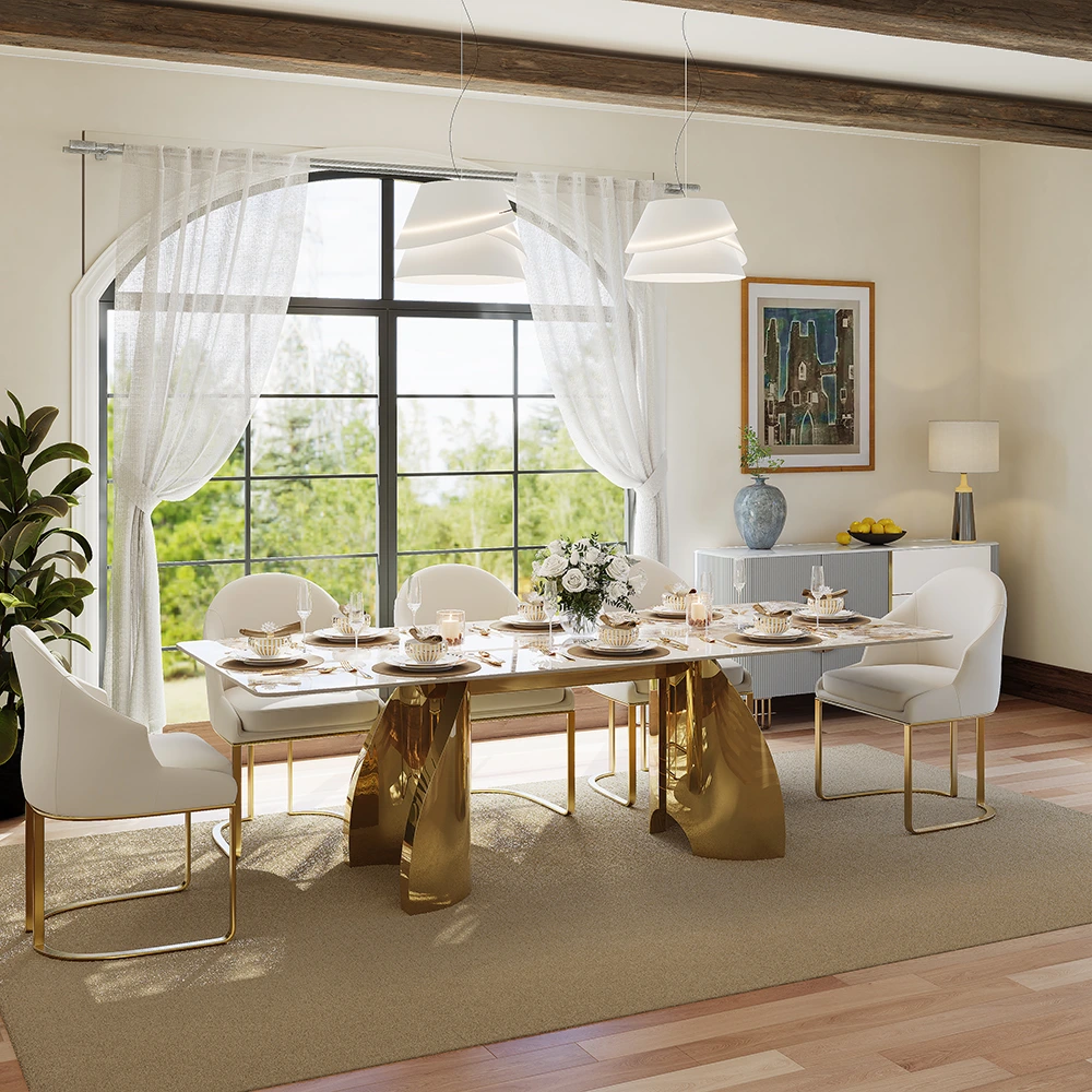 71-Inch Modern Dining Table for 6 People – Scratch-Resistant Glossy Sintered Stone Top with Gold Base