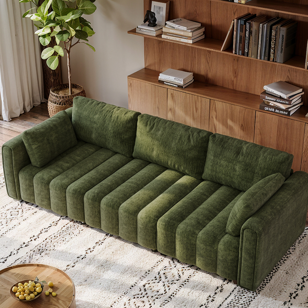 Retro Hand-Tufted Green Chenille Sofa