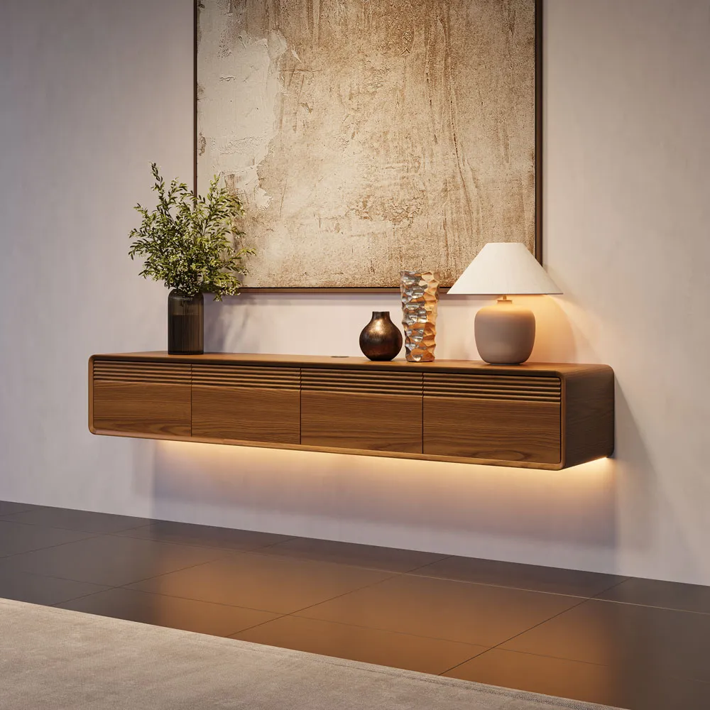  Modern minimalist floating walnut wood TV console with hidden storage, creating a stylish and clutter-free living room atmosphere.