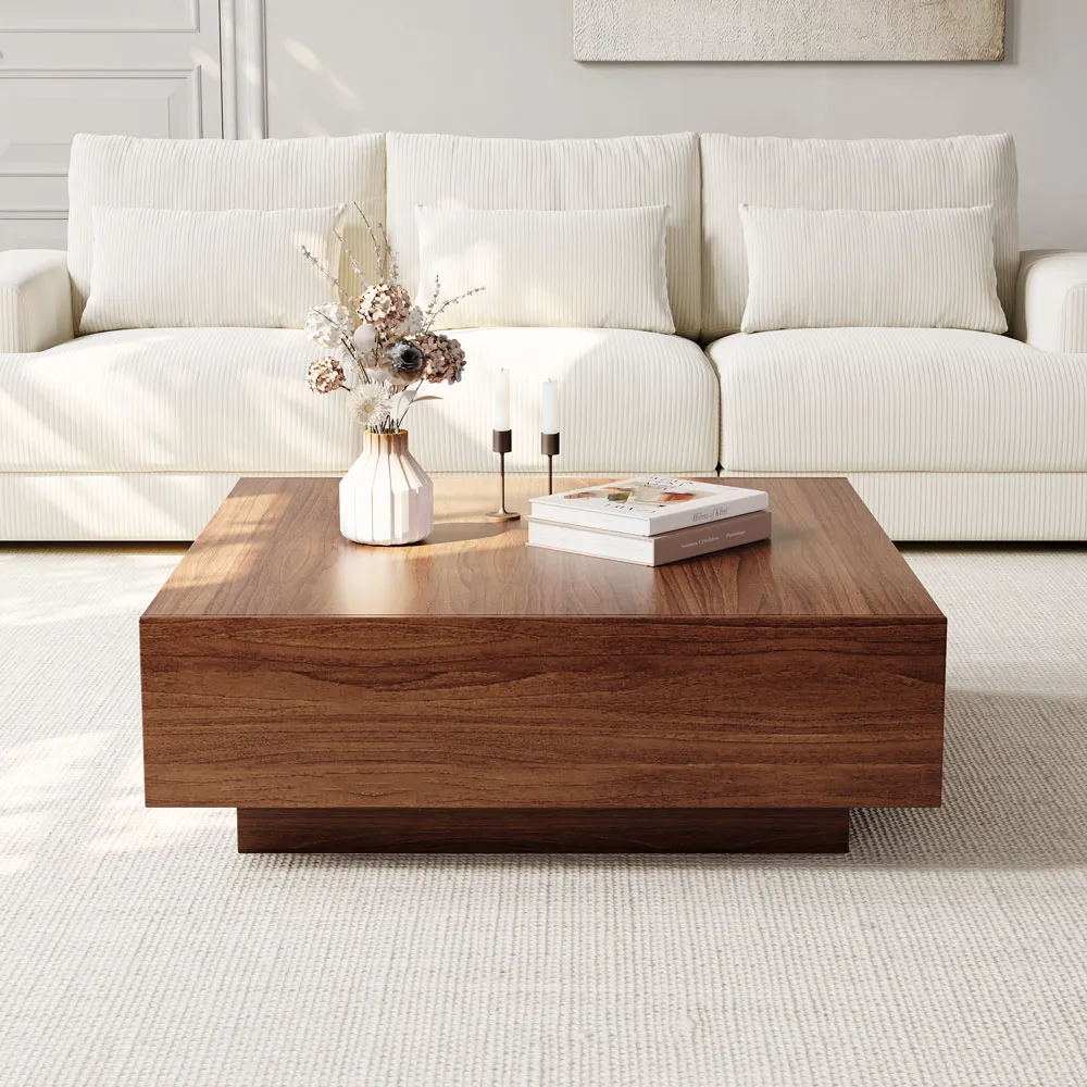Fully assembled modern minimalist brown wooden square coffee table with storage drawers — no-tool furniture for a stylish mid-century modern home.