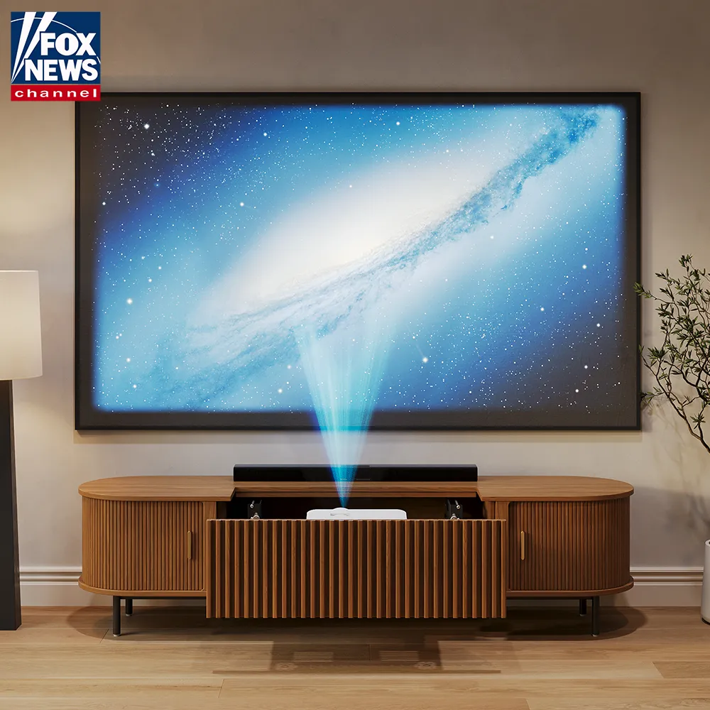 Electric TV stand with hidden projector feature in a modern home entertainment setup.