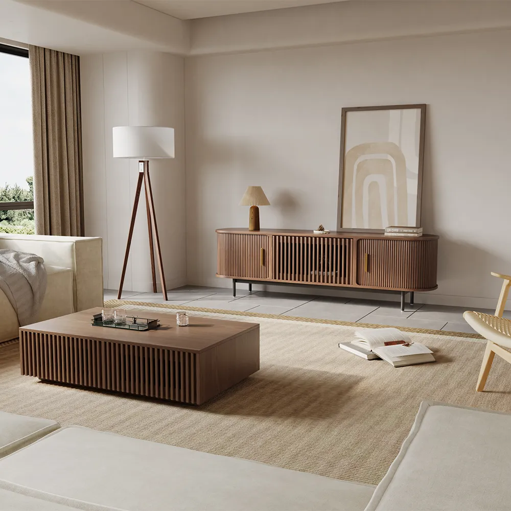 Modern living room with a walnut slatted TV stand and matching rectangular coffee table on a neutral woven rug.