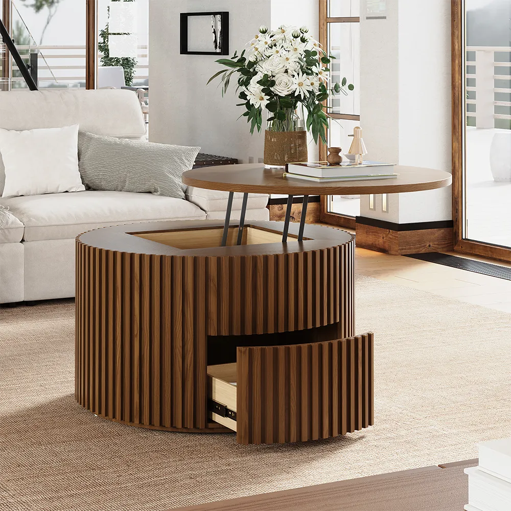 Round lift-top coffee table with fluted wood design and hidden drawer storage in a bright living space.