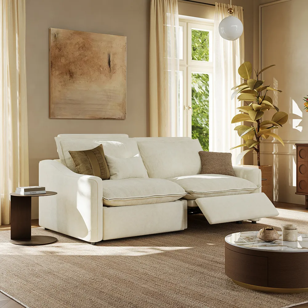 Beige power sofa with footrest in modern living room setup – perfect for streaming and home entertainment.