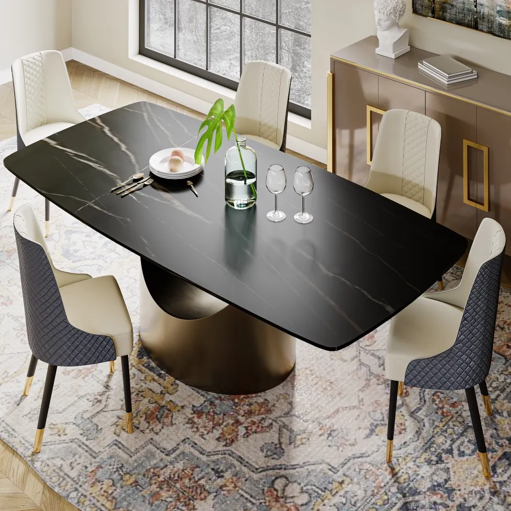 Elegant rectangular black marble dining table with gold pedestal base and six upholstered chairs in a luxury dining space.