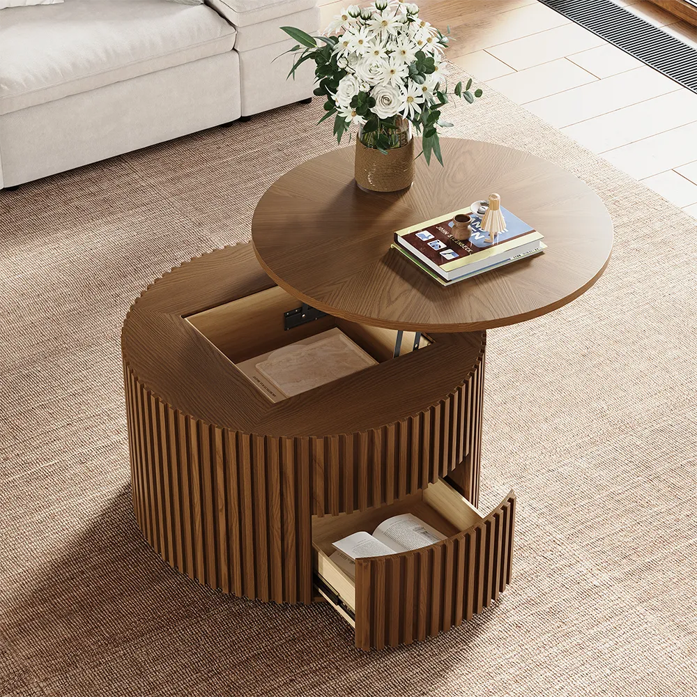 Multifunctional round coffee table with hidden lift-top storage and drawers, fully assembled and perfect for small living rooms seeking both style and function.