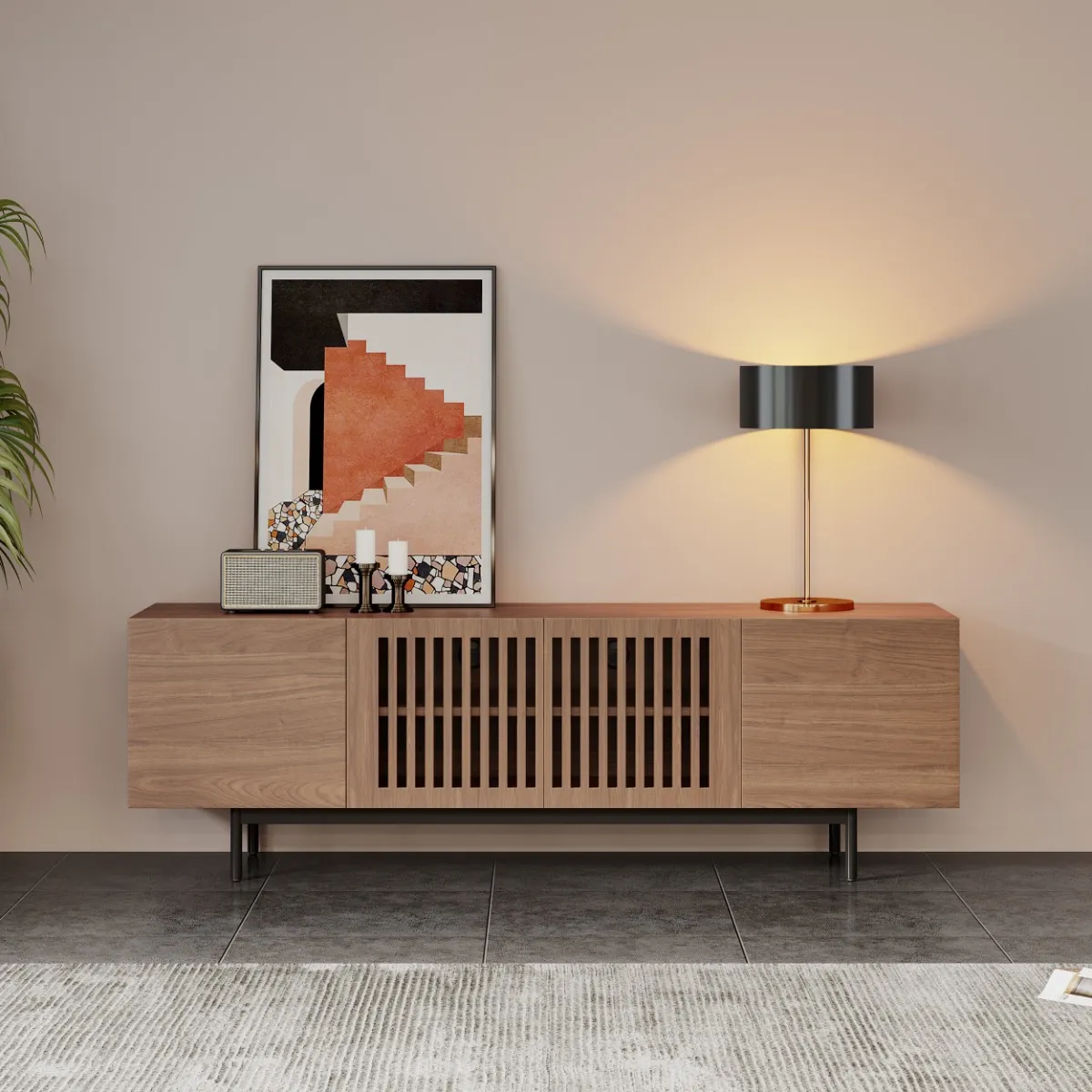 Modern wood slatted TV stand with minimalist design, black metal legs, and integrated storage — perfect for stylish contemporary living rooms.