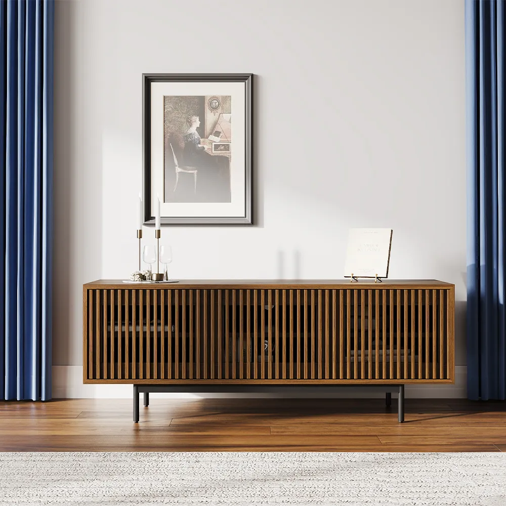 Dark wood slatted TV stand in a classic living room setting with elegant blue curtains and a framed vintage portrait above.