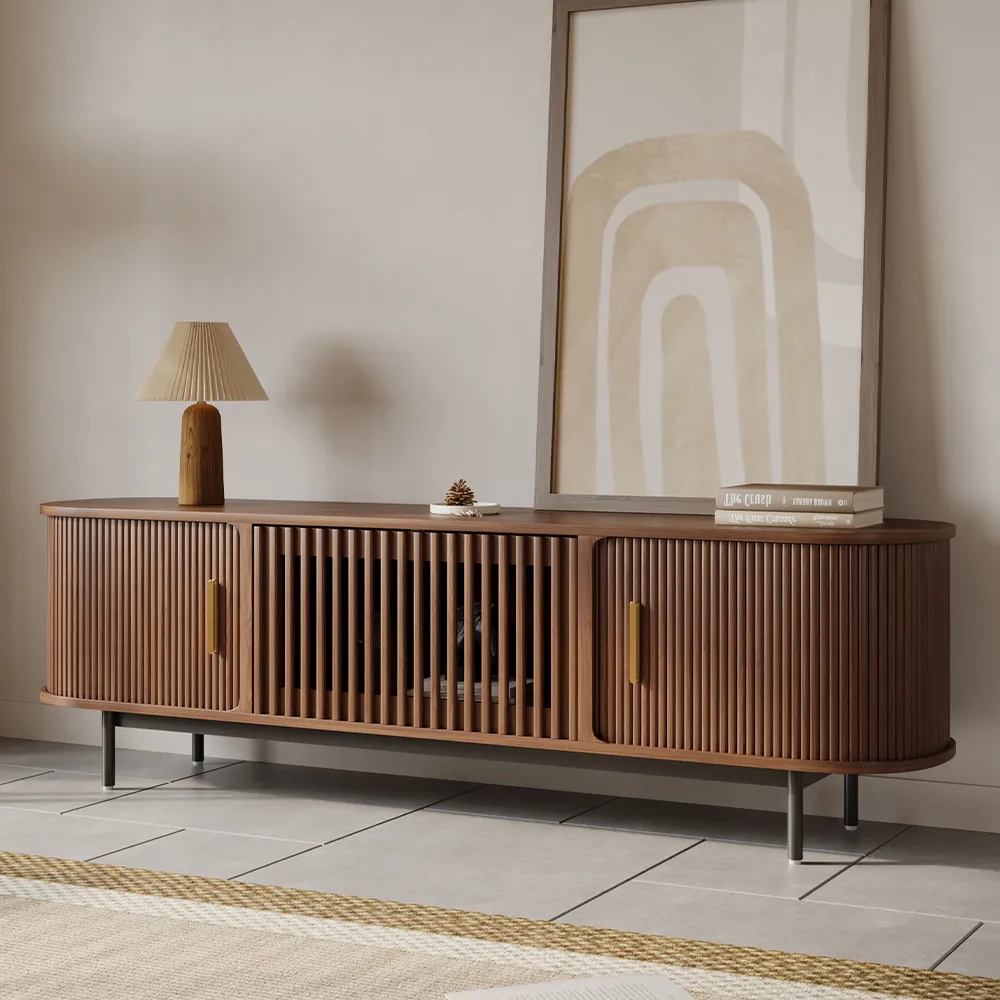 Mid-century modern fluted wood TV stand with brass handles and sliding doors, a fully assembled media console designed for Japandi and minimalist interiors.