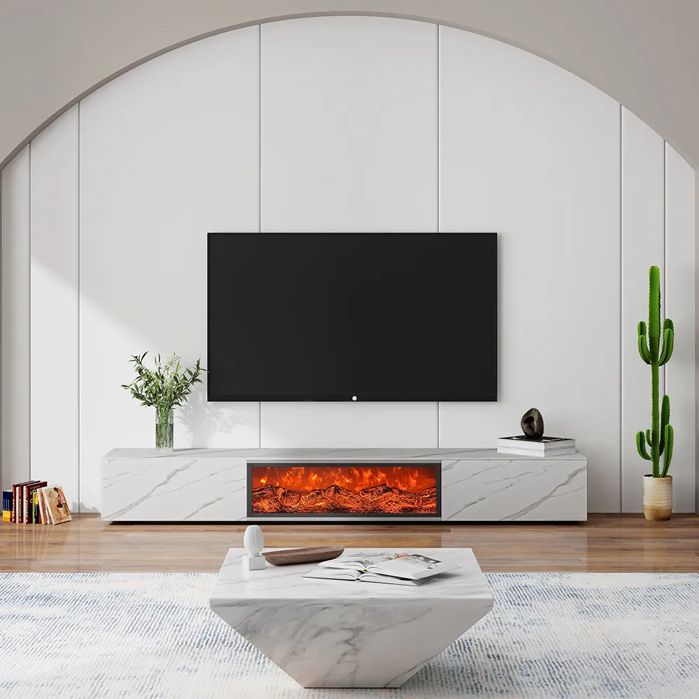 Modern living room with electric fireplace TV stand featuring white marble finish and realistic LED flame effect beneath wall-mounted TV