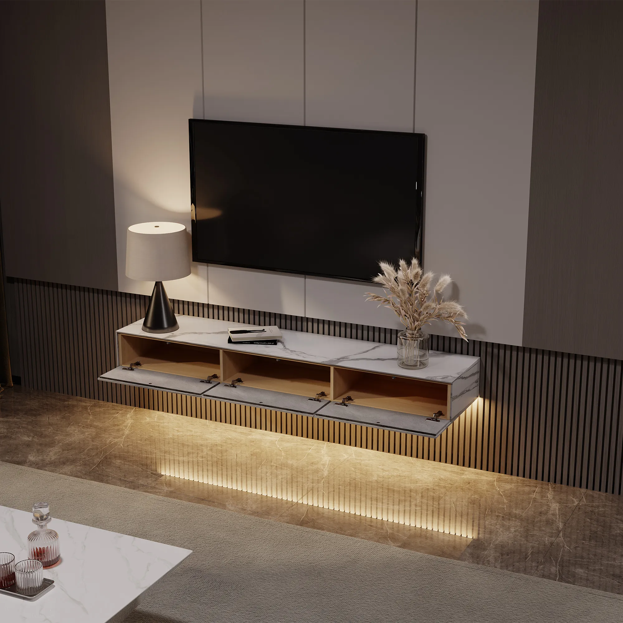 Luxury floating TV console with marble-effect top, open storage compartments, and warm under-cabinet LED lighting