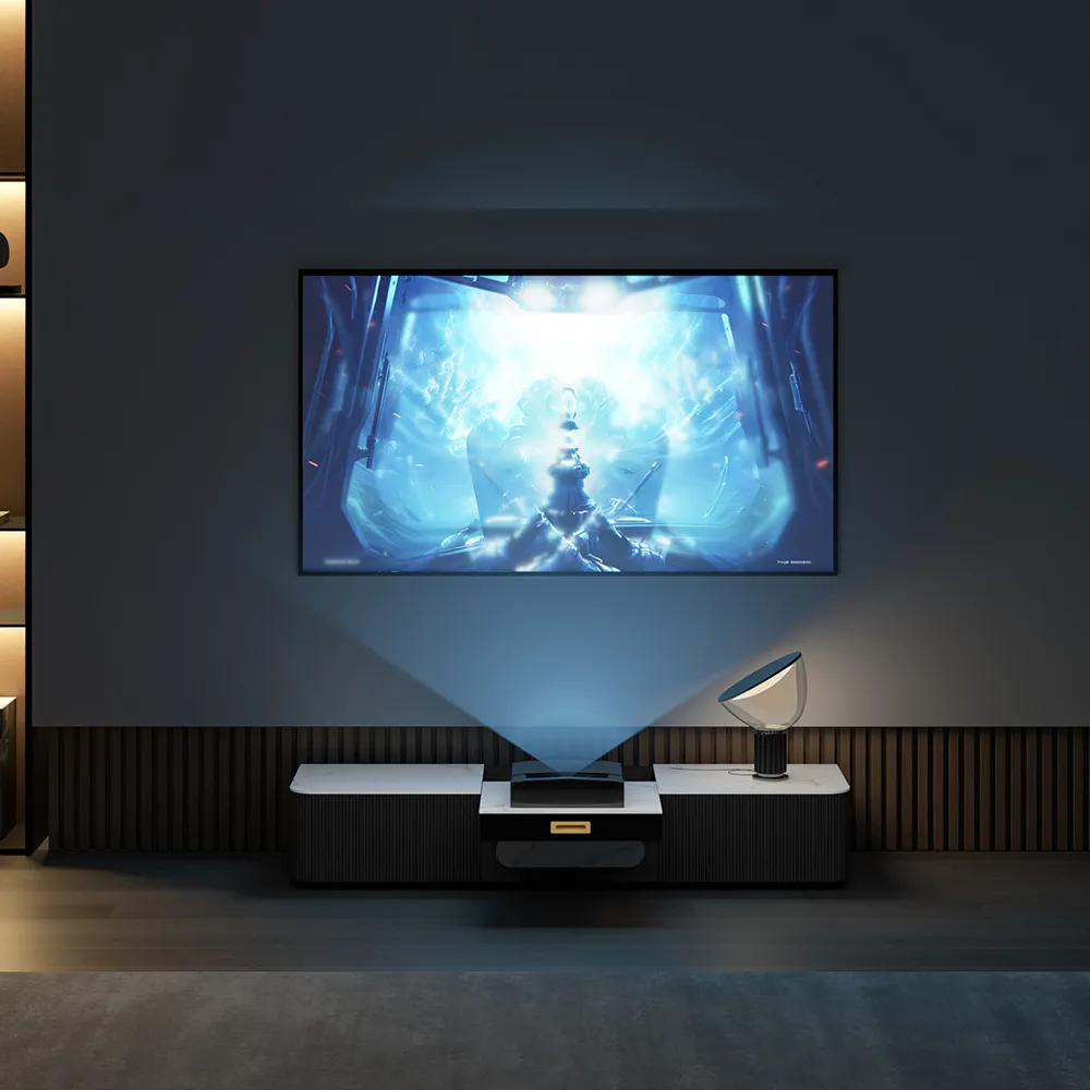 Ultra-modern black and white TV stand projecting sci-fi content in a moody dark room with wall-mounted display.