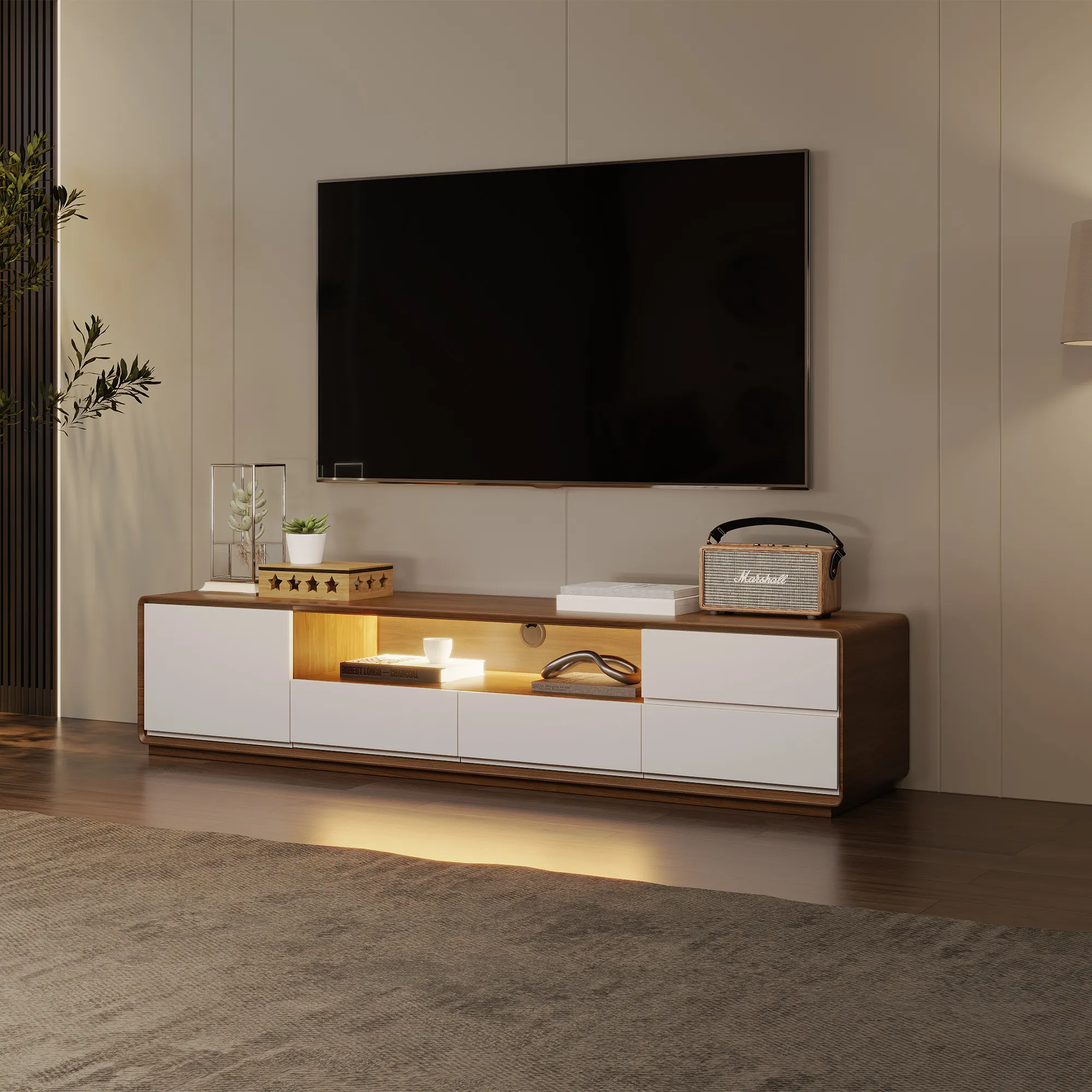 Contemporary TV console with white drawers and walnut frame, featuring built-in LED strip lighting and a mounted flat-screen TV in a cozy media room.