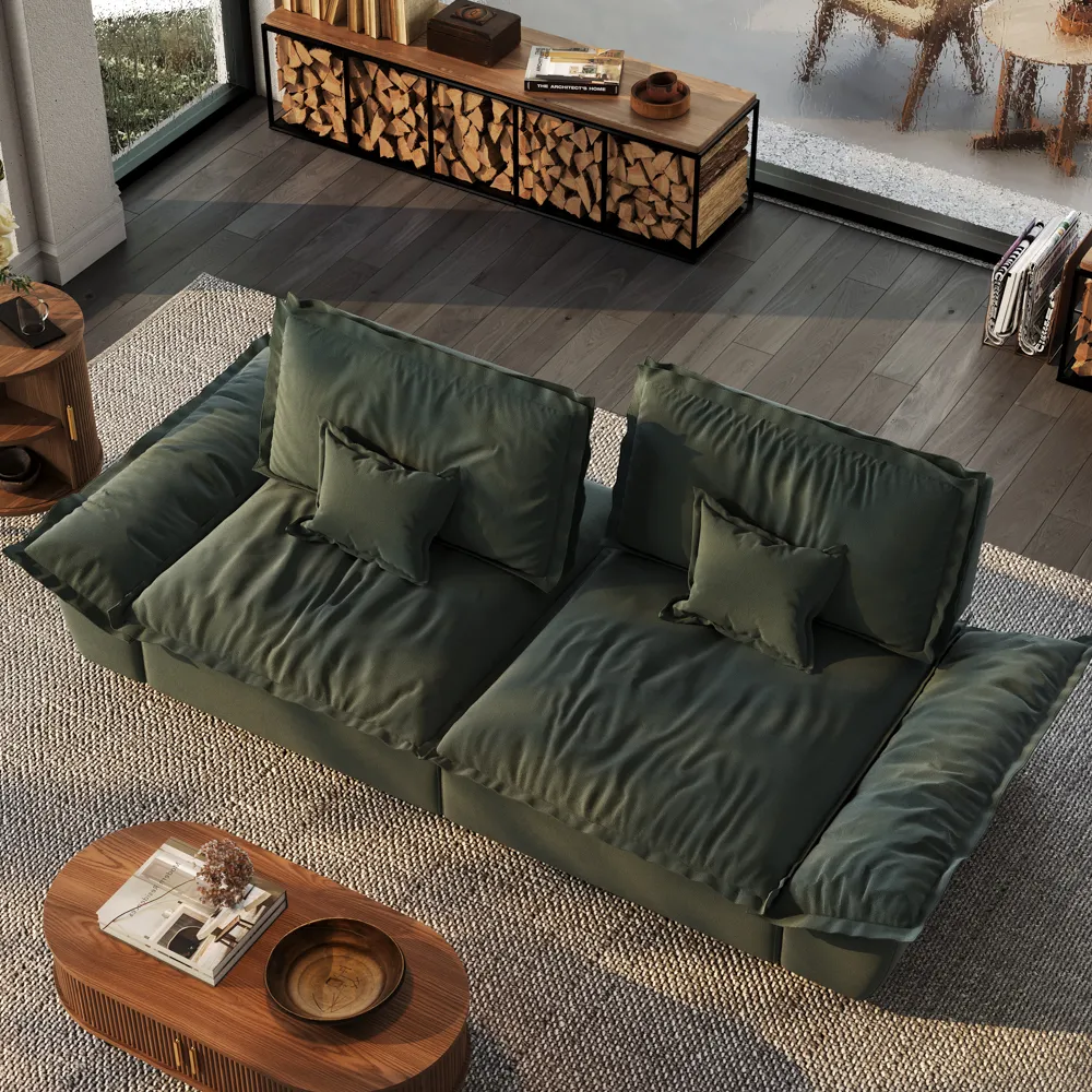 Oversized deep seat green sofa with plush cushions and a sculptural wood coffee table, paired with a fully assembled firewood-style media unit—perfect for cozy, modern living.