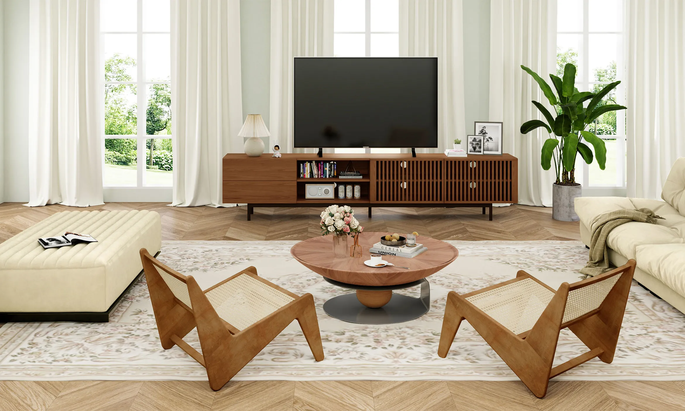 Large wooden TV stand with mixed open and closed storage, placed in a bright, airy living room with a mounted TV, lounge chairs, and a round coffee table.