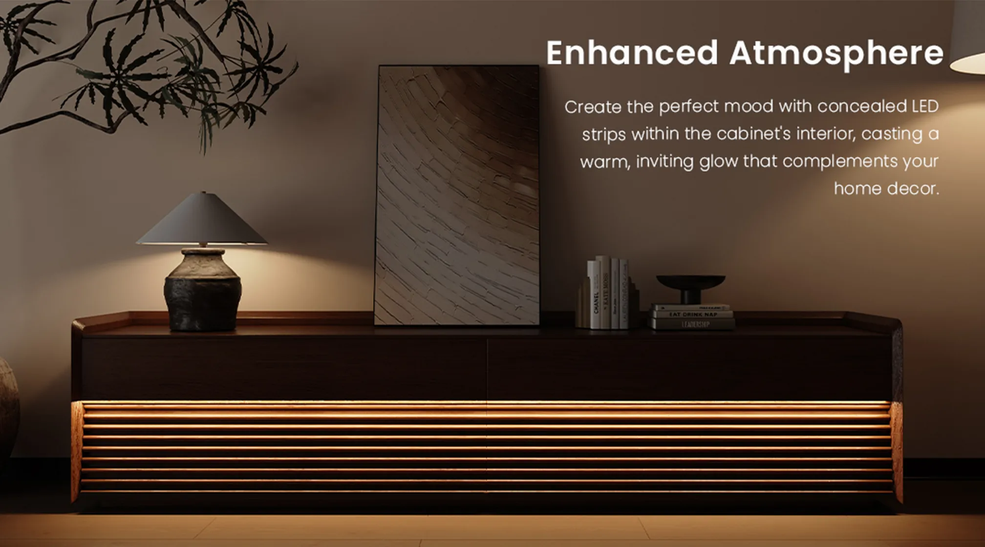 Modern TV stand with concealed LED lighting and slatted wooden design, creating a warm and ambient atmosphere in a minimalist living room.