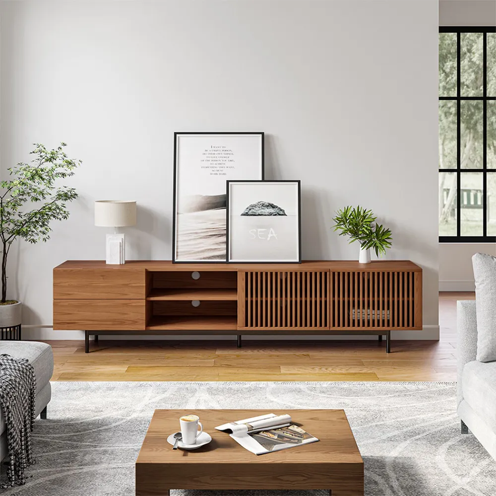 Fully assembled modern mid-century solid wood TV stand with slatted doors, open storage, and tall cast metal legs — perfect for seamless modern interior furniture.