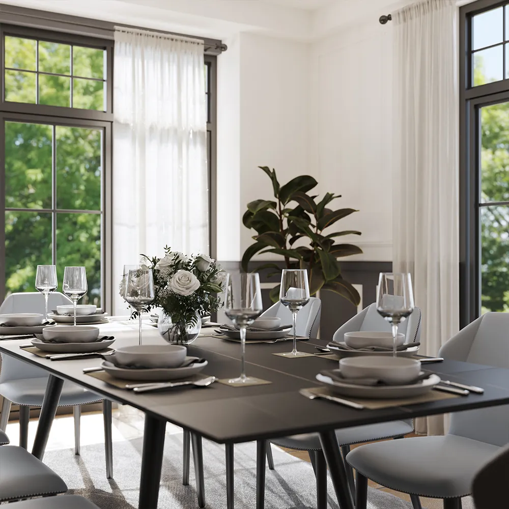 Modern black dining table set with six chairs in a bright dining room with large windows and natural light.