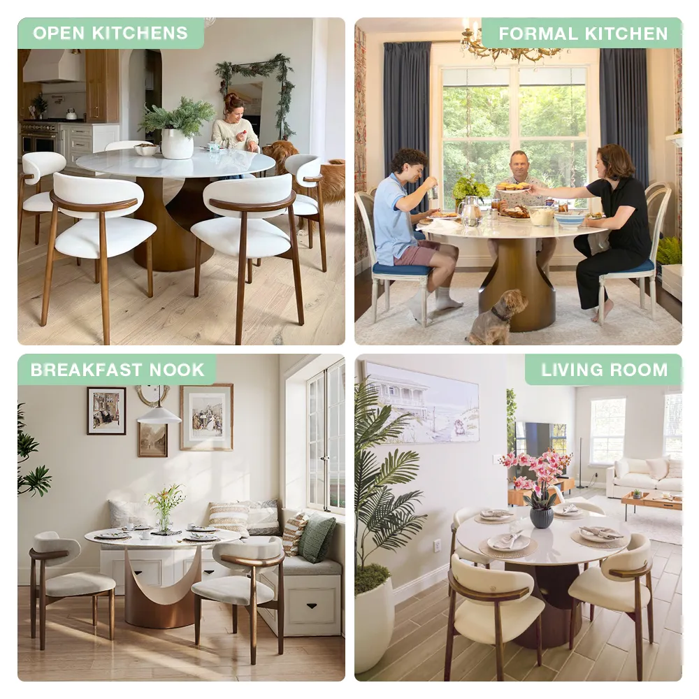 A four-panel layout showing versatile dining room setups: open kitchen, formal dining room, breakfast nook, and living room—all featuring mid-century style round dining tables and modern wood chairs.