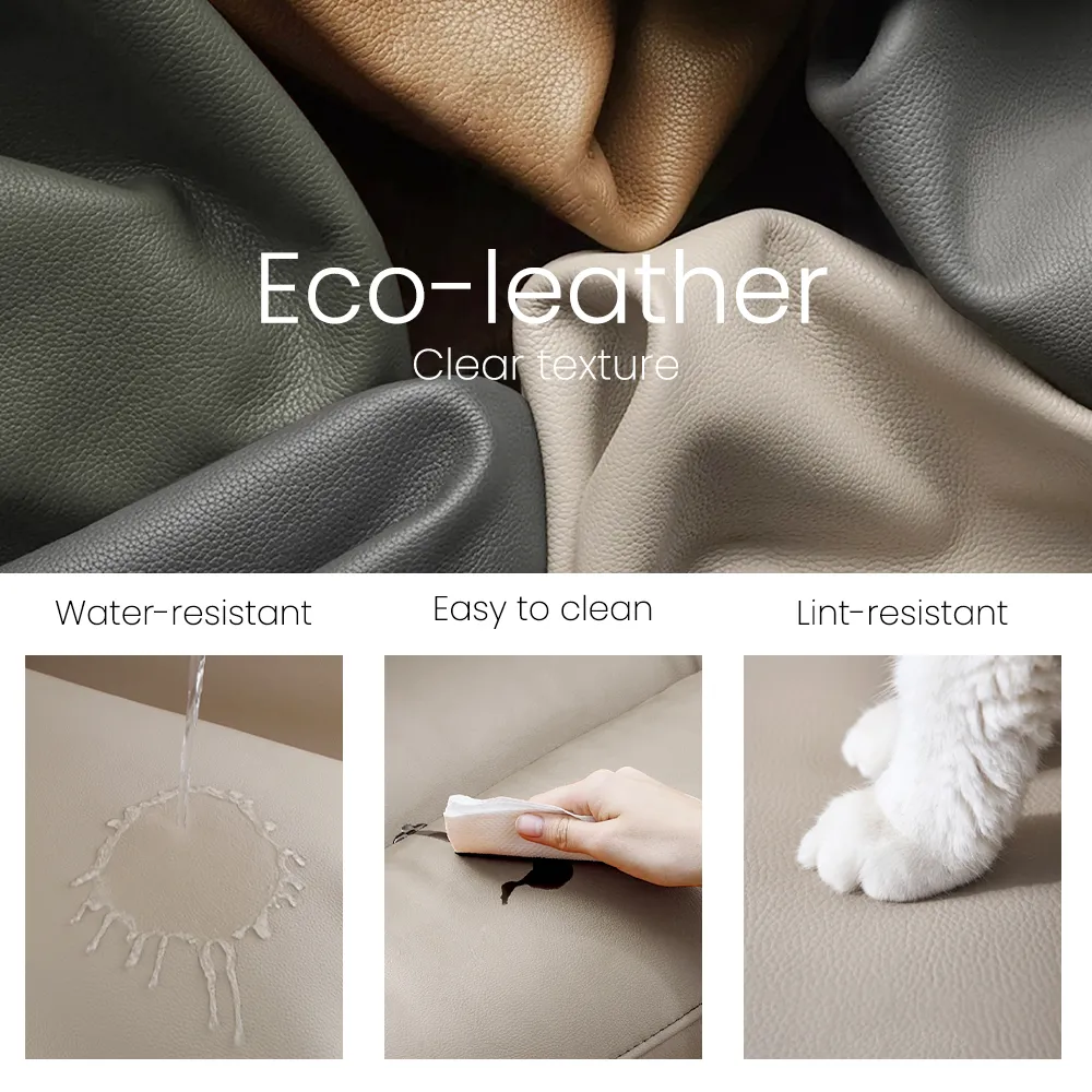 Close-up of eco-leather textures in multiple colors with icons highlighting water resistance, easy cleaning, and pet-friendly durability.