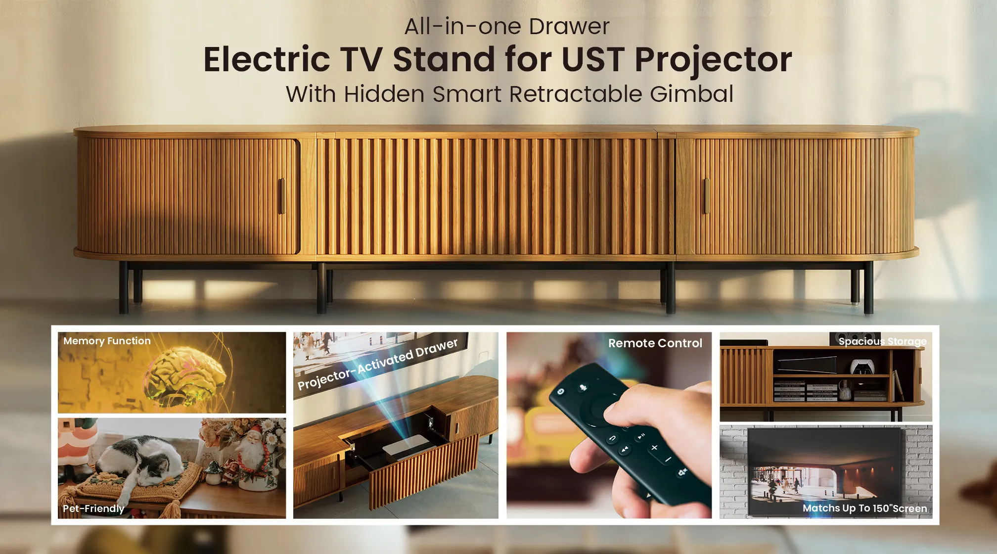 Mid-century electric TV stand with hidden projector drawer, memory function, remote control, pet-friendly top surface, and storage, displayed in a promotional layout.
