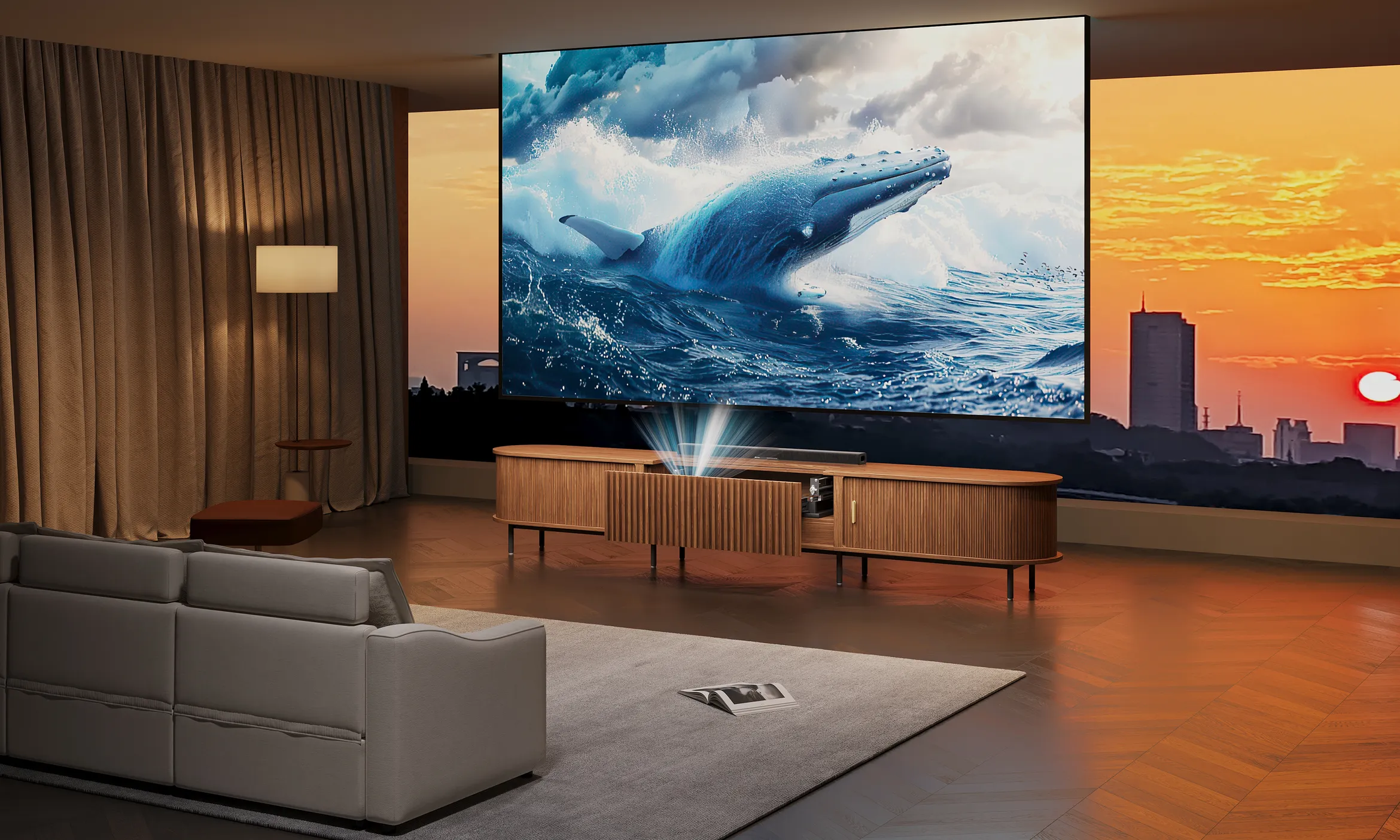 Luxury home theater setup with large screen, walnut media console, and built-in projector in front of a sunset city skyline