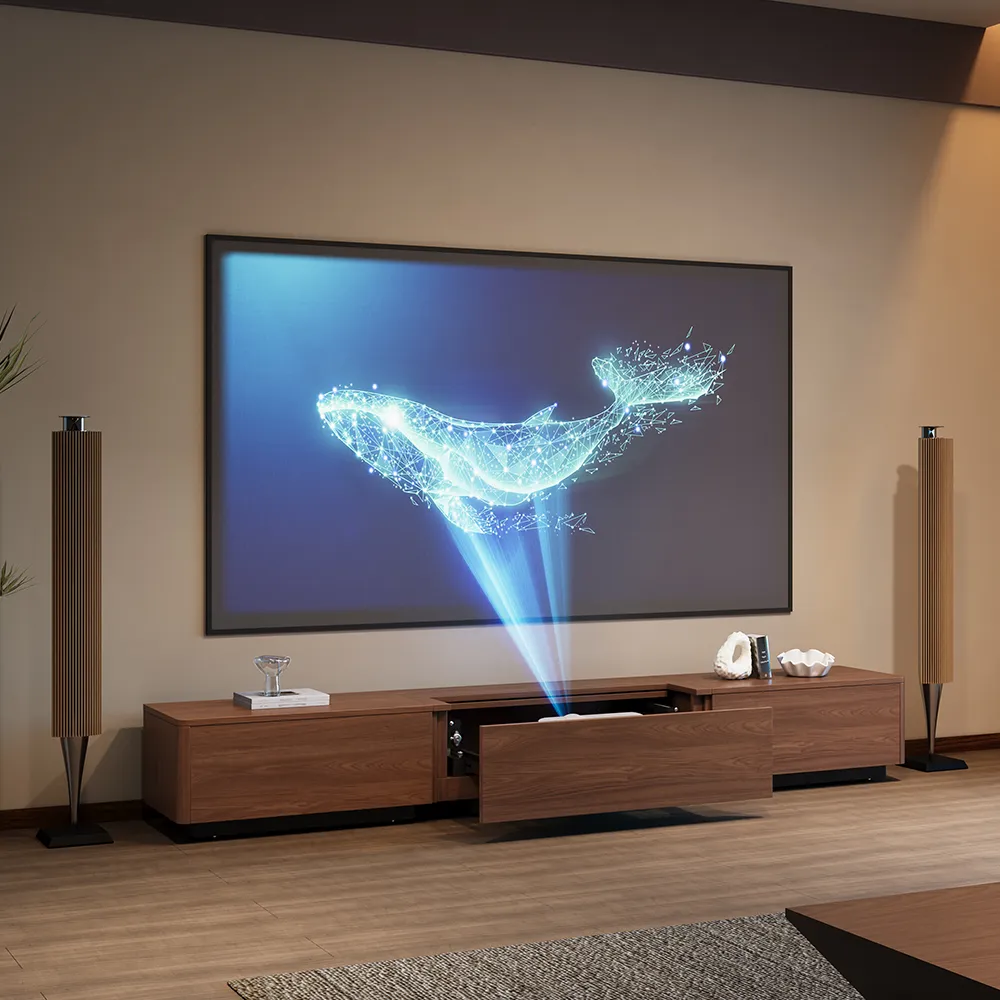 Smart wooden TV cabinet with built-in projector for high-tech minimalist home theater