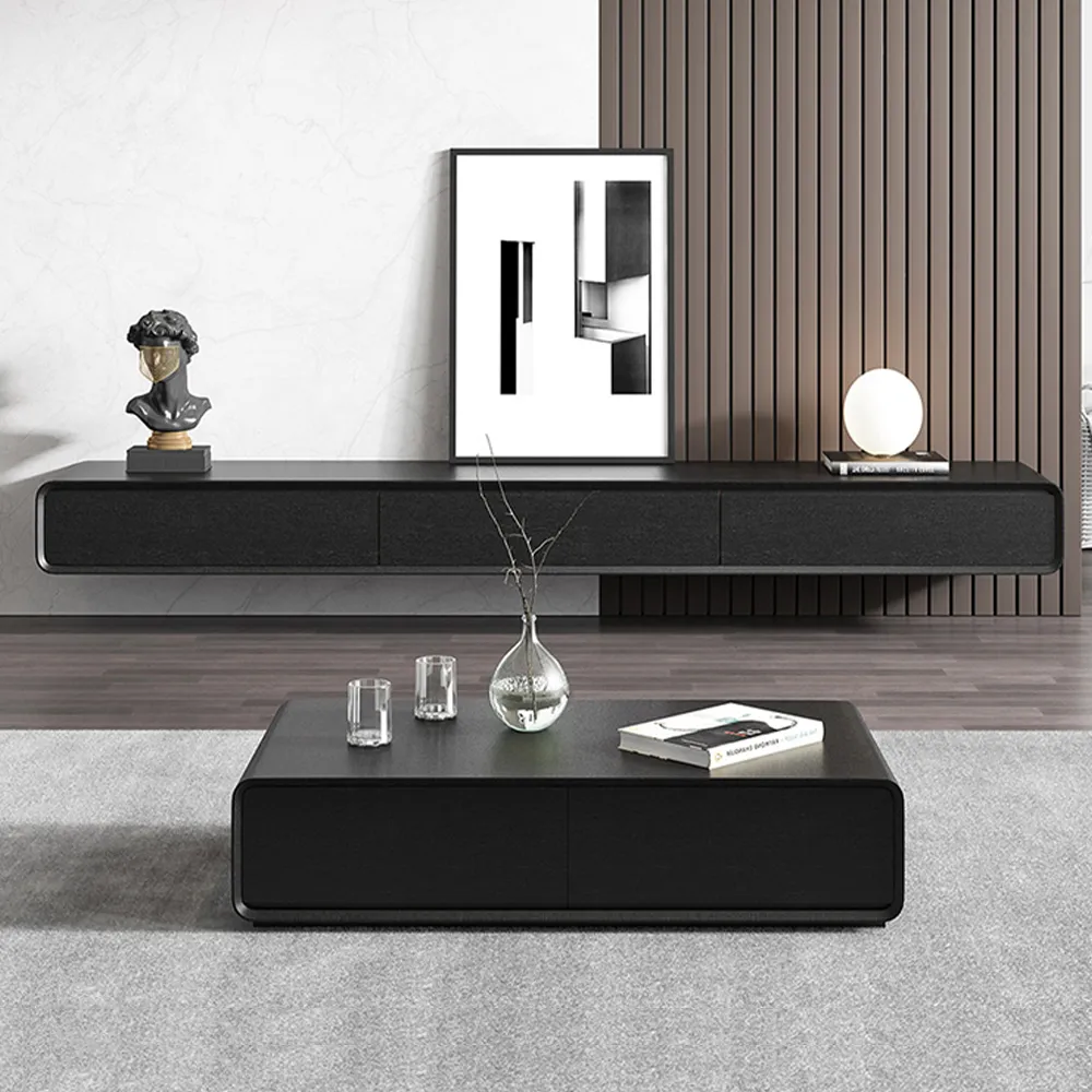 Floating black TV console with minimalist decor in modern luxury interior design