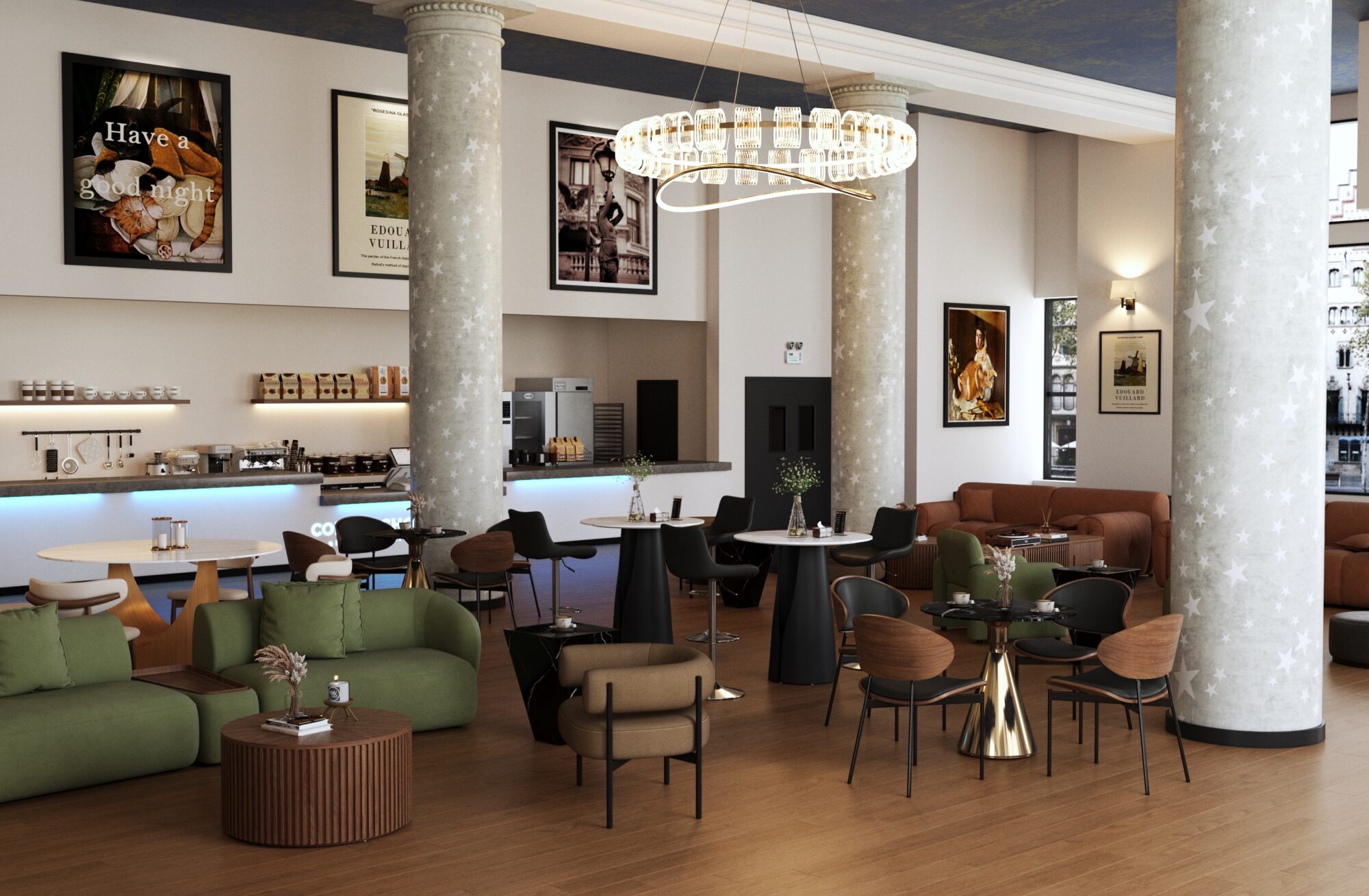 Contemporary cafe interior with eclectic modern sofas and dining chairs in stylish layout