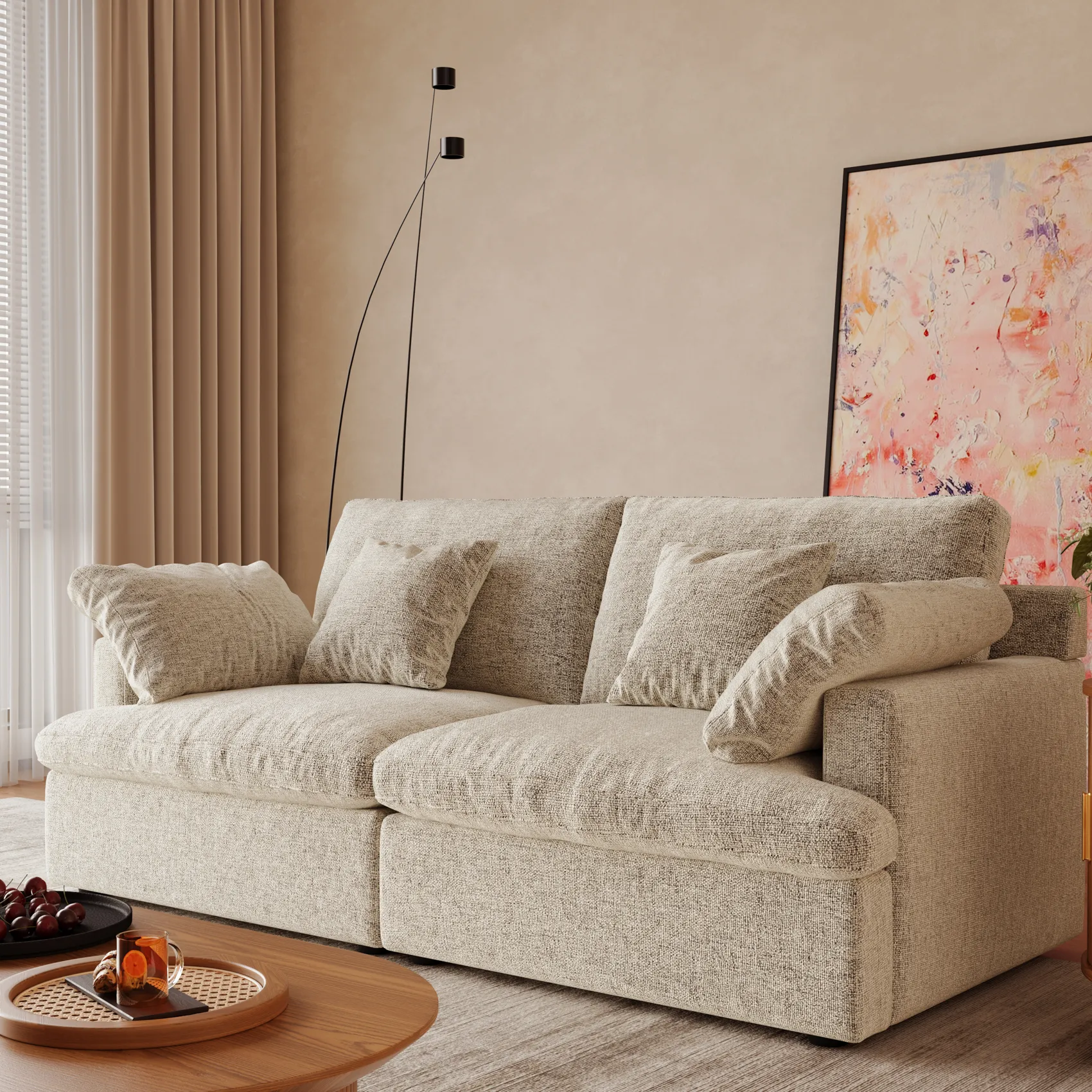 Cozy beige deep seat sofa with plush cushions for neutral-toned modern living room
