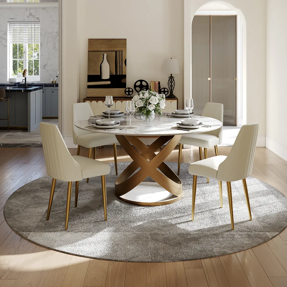 Round marble-look dining table with gold cross pedestal base for stylish modern interiors