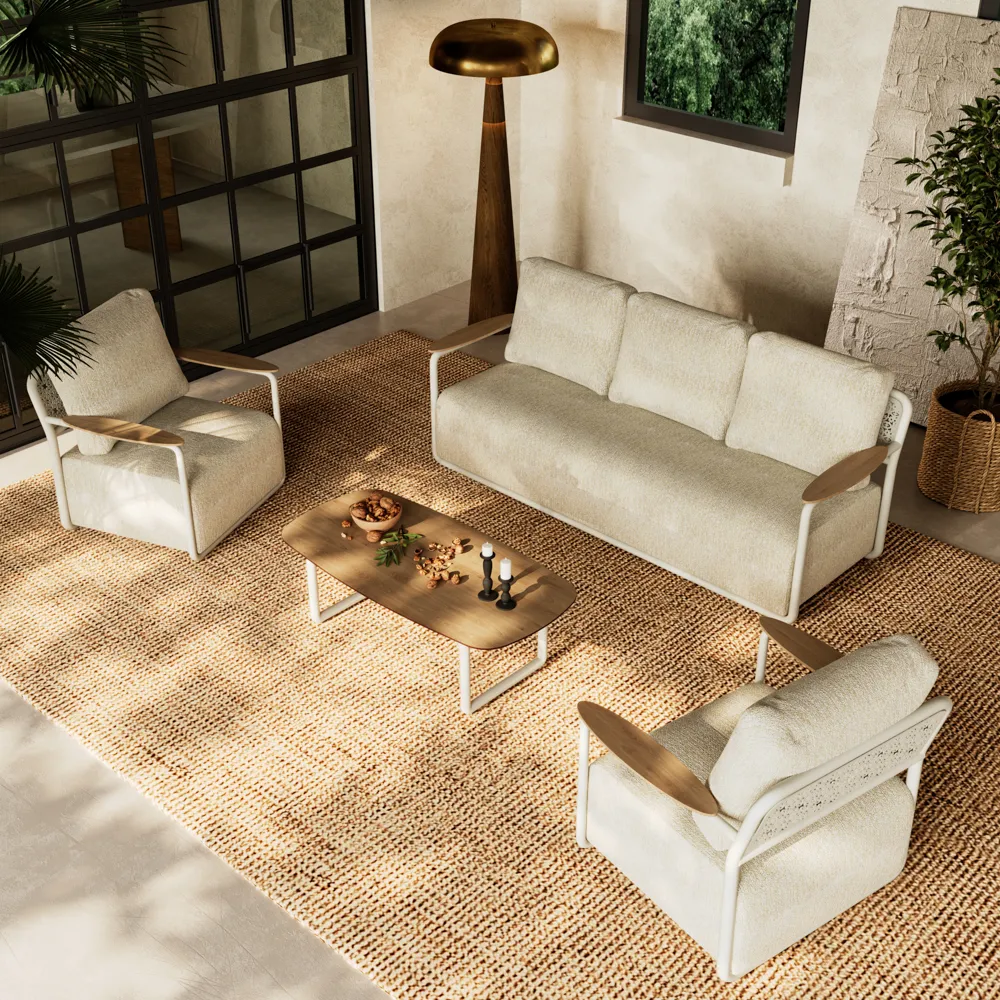 Modern 5-seater indoor-outdoor sofa set with white frame, wood armrests, and coffee table on woven rug 