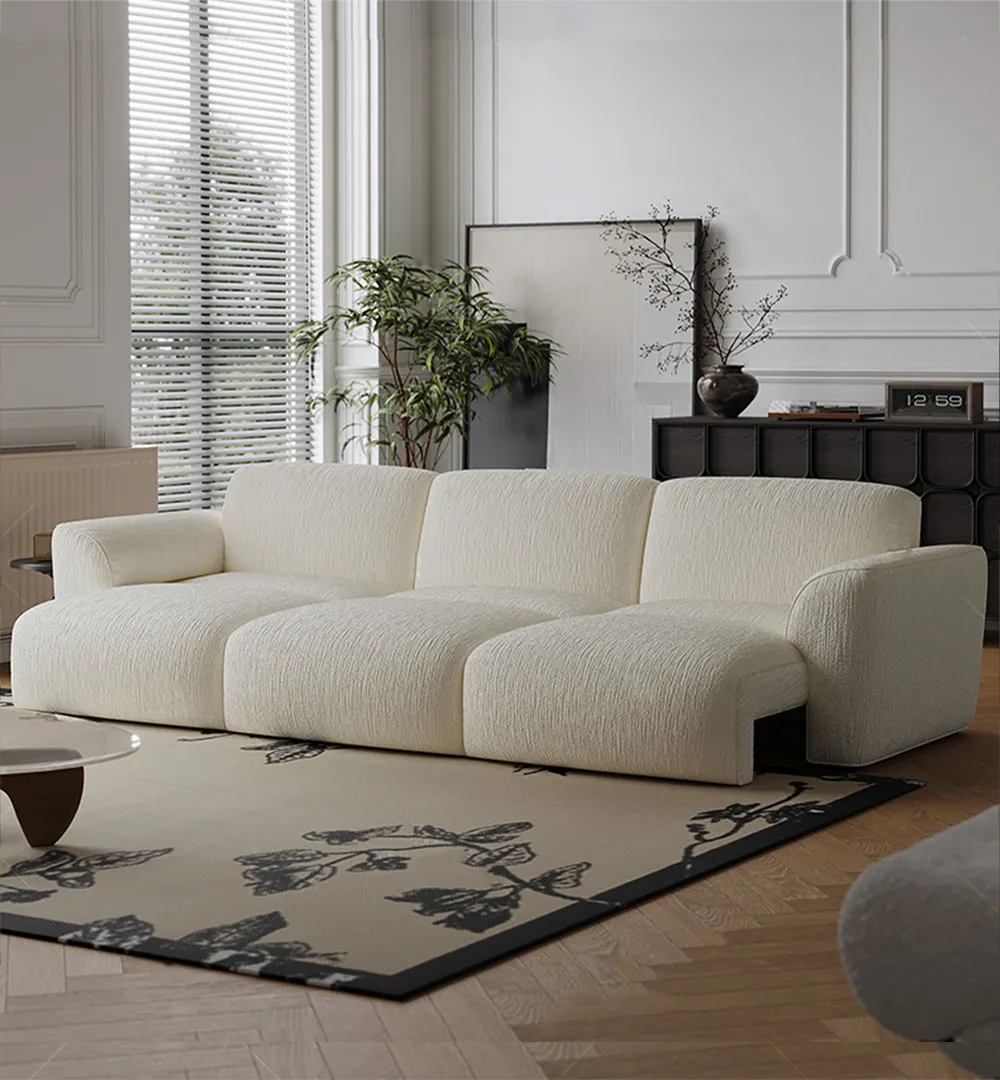 French retro cream style electric sofa bed with tufted seats and remote-controlled retractable feature in classic home setting