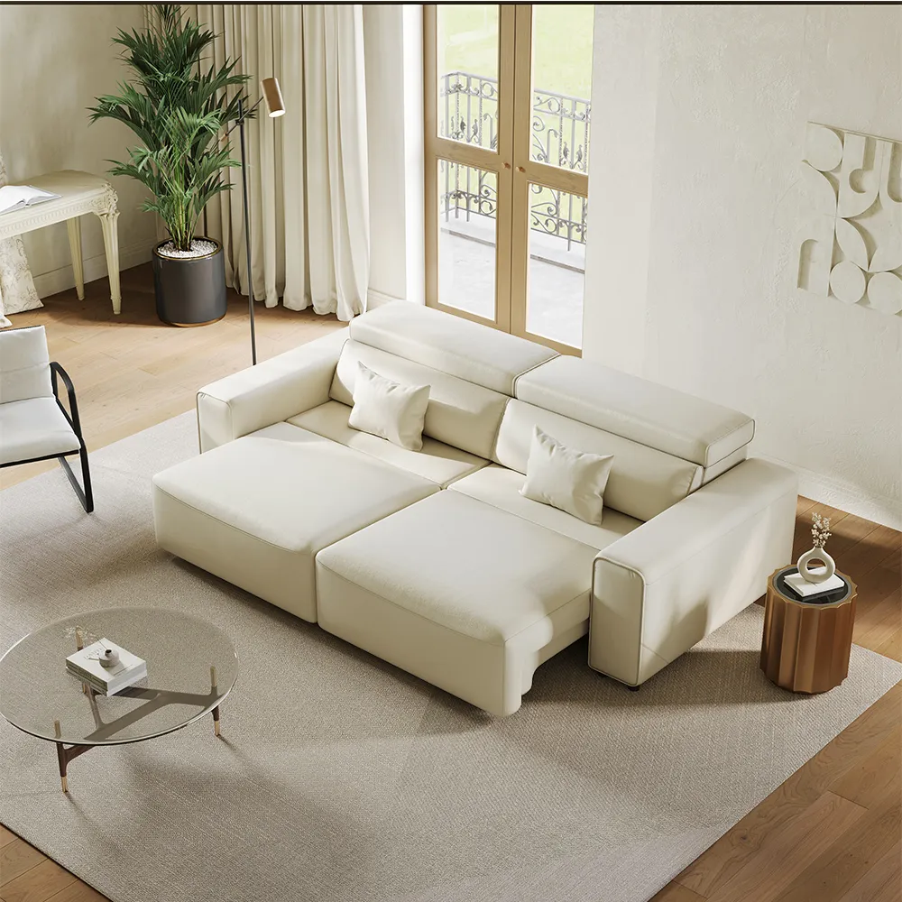 Luxurious cream leather electric pull-out sofa bed with adjustable headrests and wide armrests in bright living room