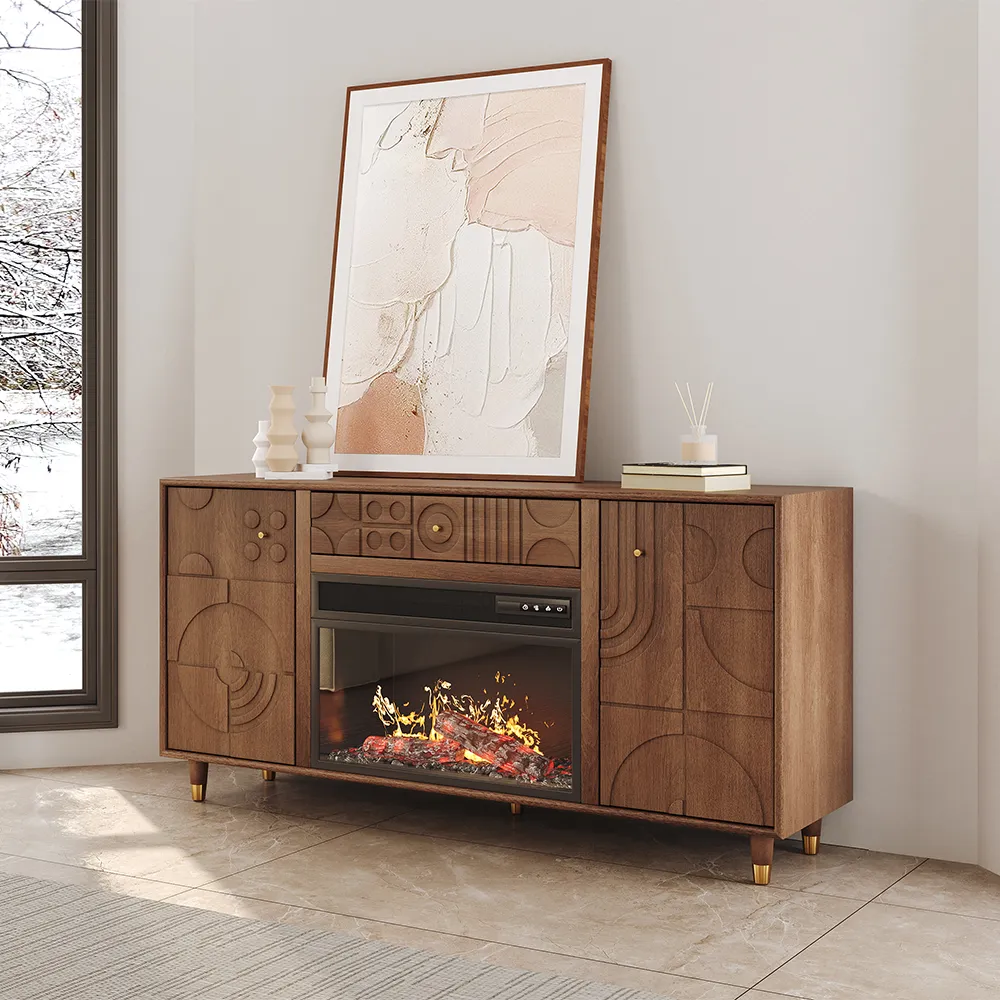 Modern minimalist white electric fireplace TV stand with gold legs, ribbed cabinet doors, and vibrant LED flame effects in an elegant living room.