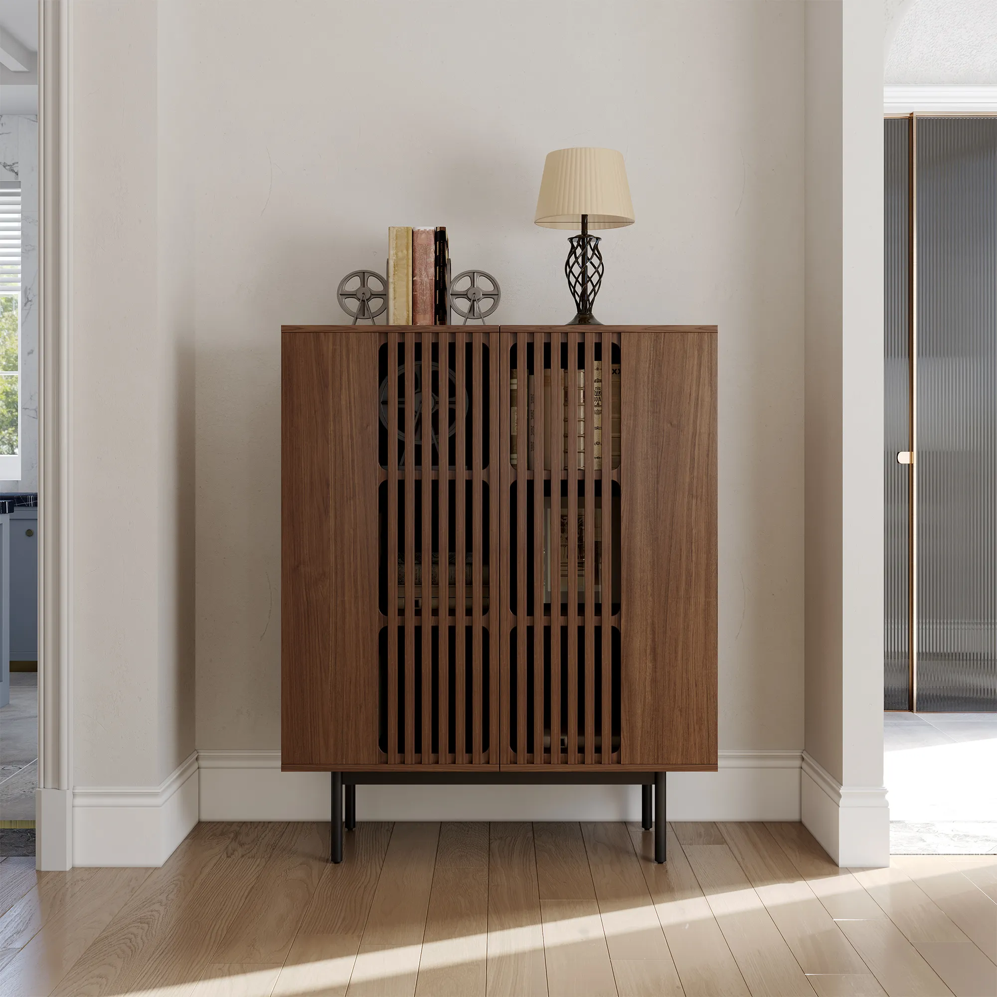 Mid-century modern credenza sideboard cabinet with slatted doors and walnut finish, styled with books and a table lamp in a bright hallway.
