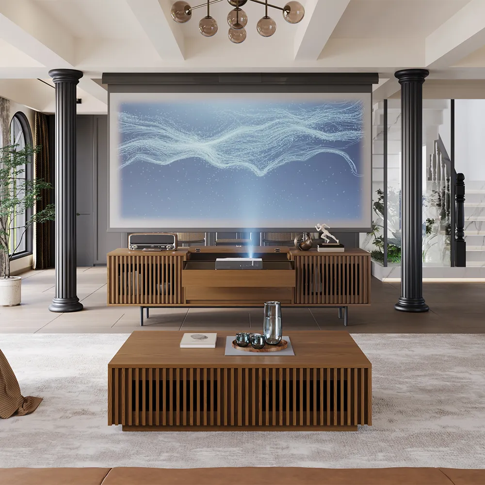 Mid-century projector TV cabinet with slatted wood design and home theater setup in a high-ceiling living room