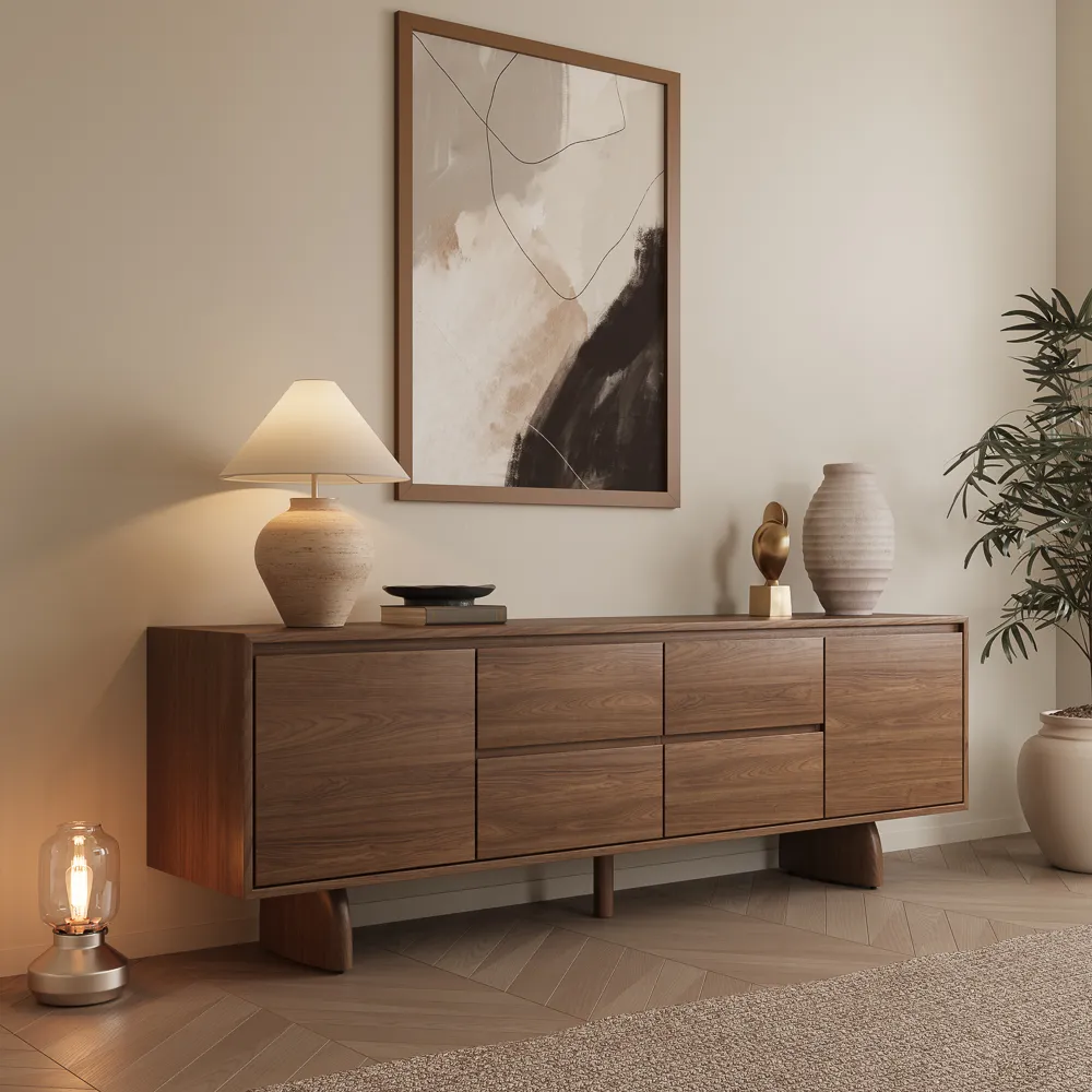 Mid-century modern walnut TV console with clean drawers and sculptural legs, styled with ceramic table lamp and abstract wall art in a neutral-toned living room
