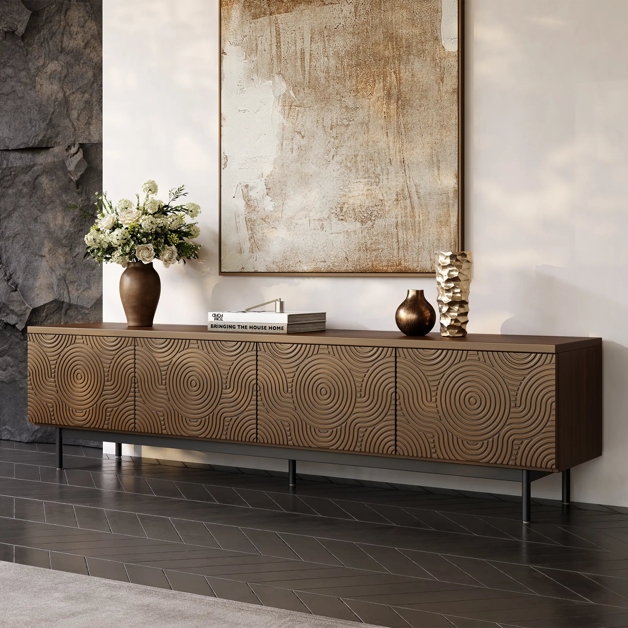 Artistic wooden TV stand with circular carved patterns and slim legs, styled in a designer-inspired living space