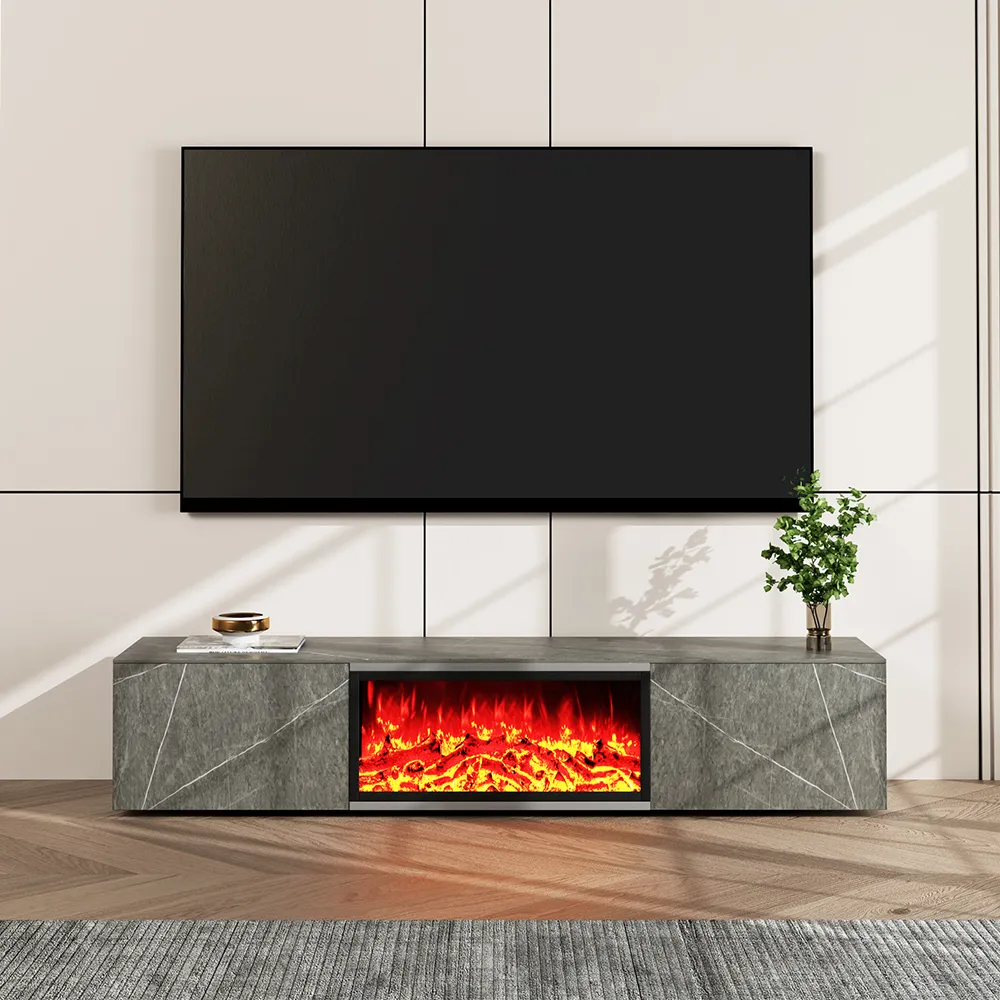 Modern white electric fireplace TV stand with sintered stone top, LED flames, and elegant gold accents in a classic living room