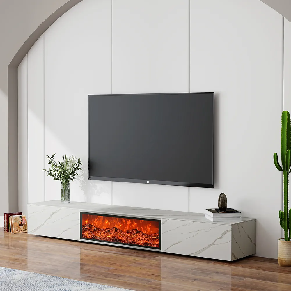 Contemporary low-profile marble-patterned electric fireplace TV stand with LED flame insert, placed under wall-mounted TV in a sleek minimalist room.”